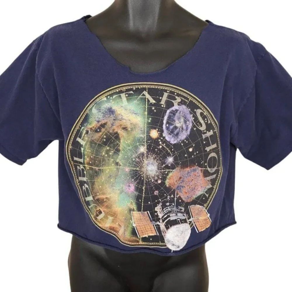 Vintage Hubble Star Show T Shirt Mens Size Medium Blue Crop Top Outer Space